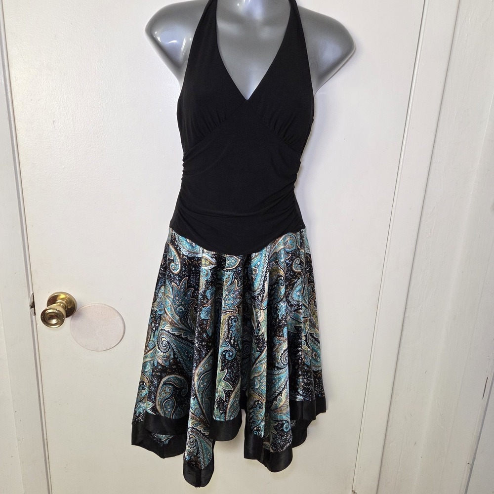 VENUS Women's Small Halter Dress Black Paisley Print Handkerchief Hem Y2K Boho
